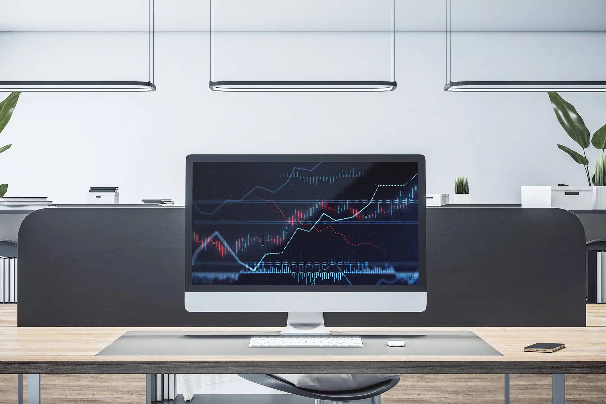 Close up of computer monitor with forex chart on screen. Coworking office desktop background. 3D Rendering.